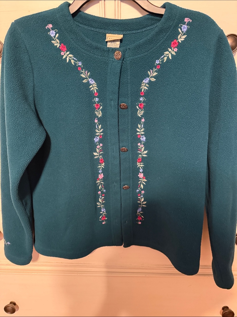 Cottagecore /Grandmacore Teal Floral-Embroidered Fleece/Sweater Cardigan